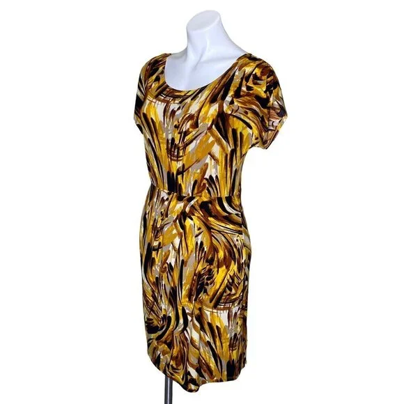 Antonio Melani Abstract Sheath Dress, Brown Yellow Short Sleeve Women’s Size S - Picture 7 of 9